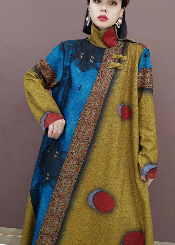 Plus größe Khaki dot Print Wolle lange Kleider Frühling