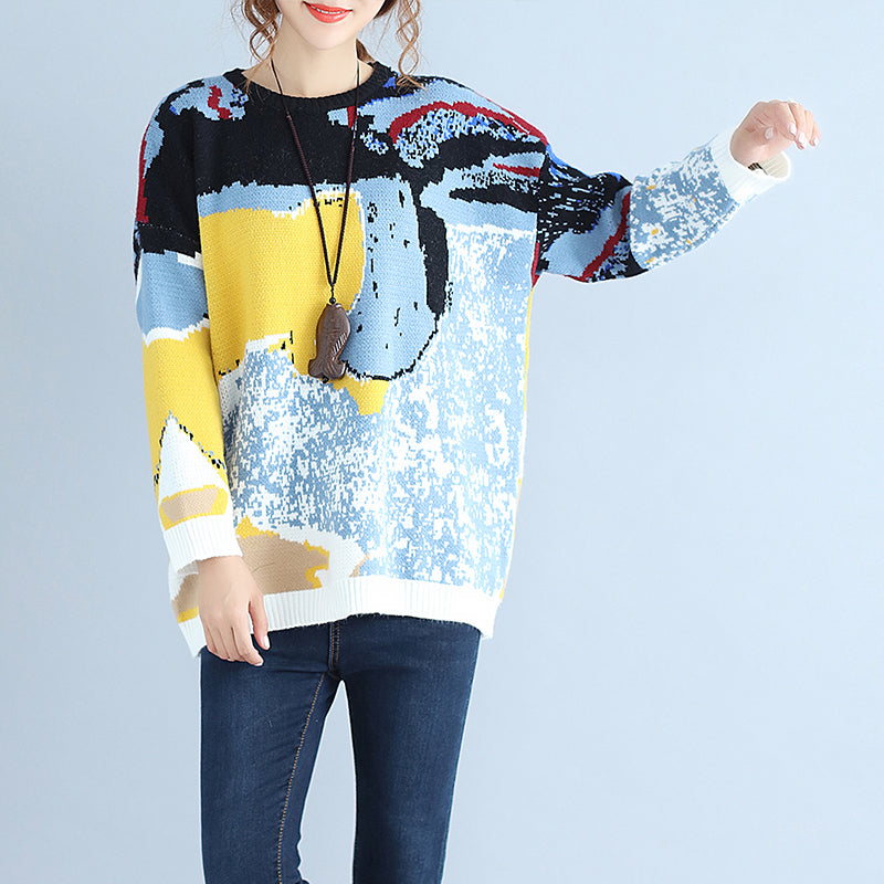 Plus Size blau bedruckte Wollstrickoberteile lässiger O-Ausschnitt warmer Pullover