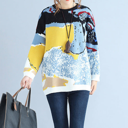 Plus Size blau bedruckte Wollstrickoberteile lässiger O-Ausschnitt warmer Pullover