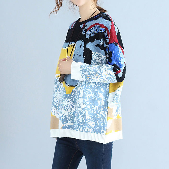 Plus Size blau bedruckte Wollstrickoberteile lässiger O-Ausschnitt warmer Pullover