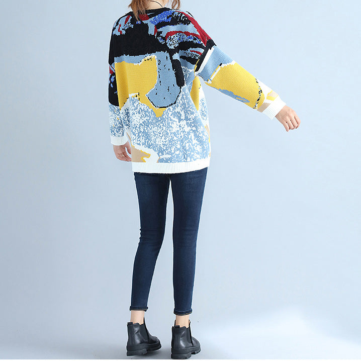 Plus Size blau bedruckte Wollstrickoberteile lässiger O-Ausschnitt warmer Pullover