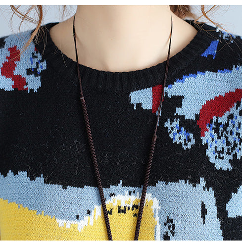 Plus Size blau bedruckte Wollstrickoberteile lässiger O-Ausschnitt warmer Pullover