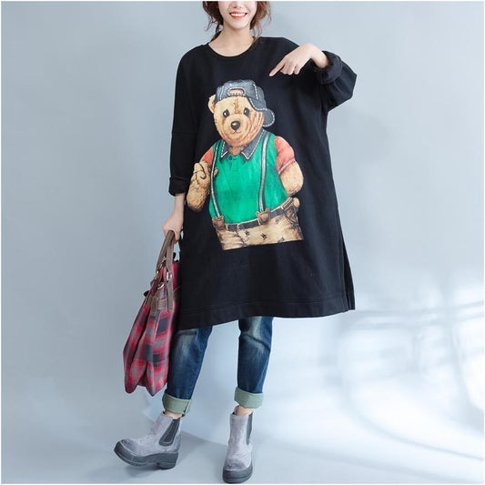 Plus Size Casual Schwarz Cartoon Print Baumwollkleider Langarm Mittellang T-Shirt Pullover
