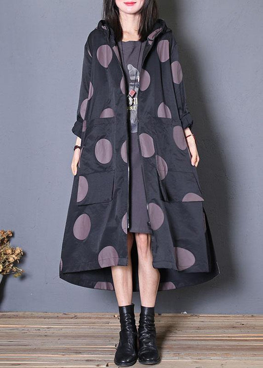 plus size fall coat black dotted hooded pockets Coat Women - SooLinen