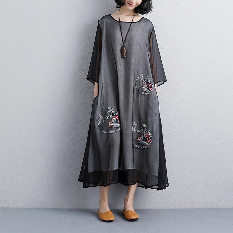 Plus Size Sommerkleid Mode Ethnische Casual Stickerei Dreiviertelärmel Schwarzes Damenkleid