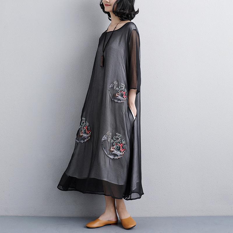 Plus Size Sommerkleid Mode Ethnische Casual Stickerei Dreiviertelärmel Schwarzes Damenkleid
