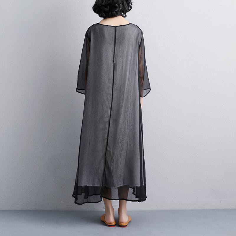Plus Size Sommerkleid Mode Ethnische Casual Stickerei Dreiviertelärmel Schwarzes Damenkleid