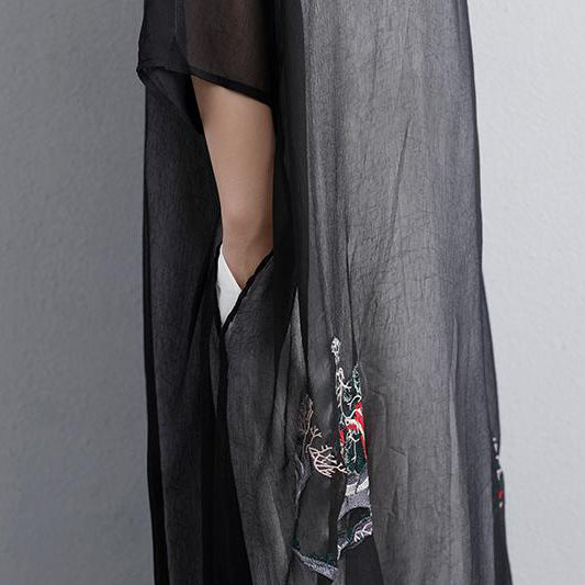Plus Size Sommerkleid Mode Ethnische Casual Stickerei Dreiviertelärmel Schwarzes Damenkleid