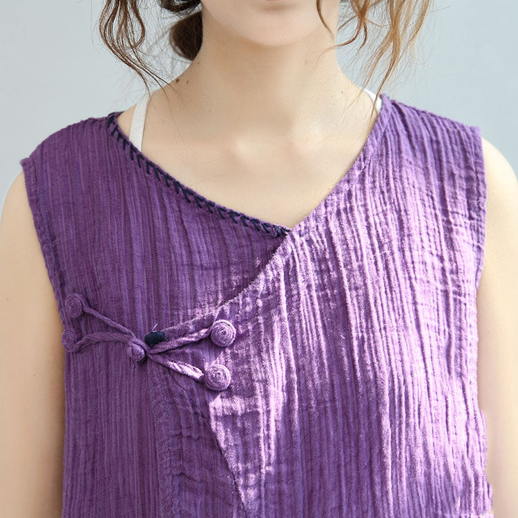 Drucken Sie lässige Leinenoberteile Vintage lose Bluse Chinese Button ärmelloses T-Shirt