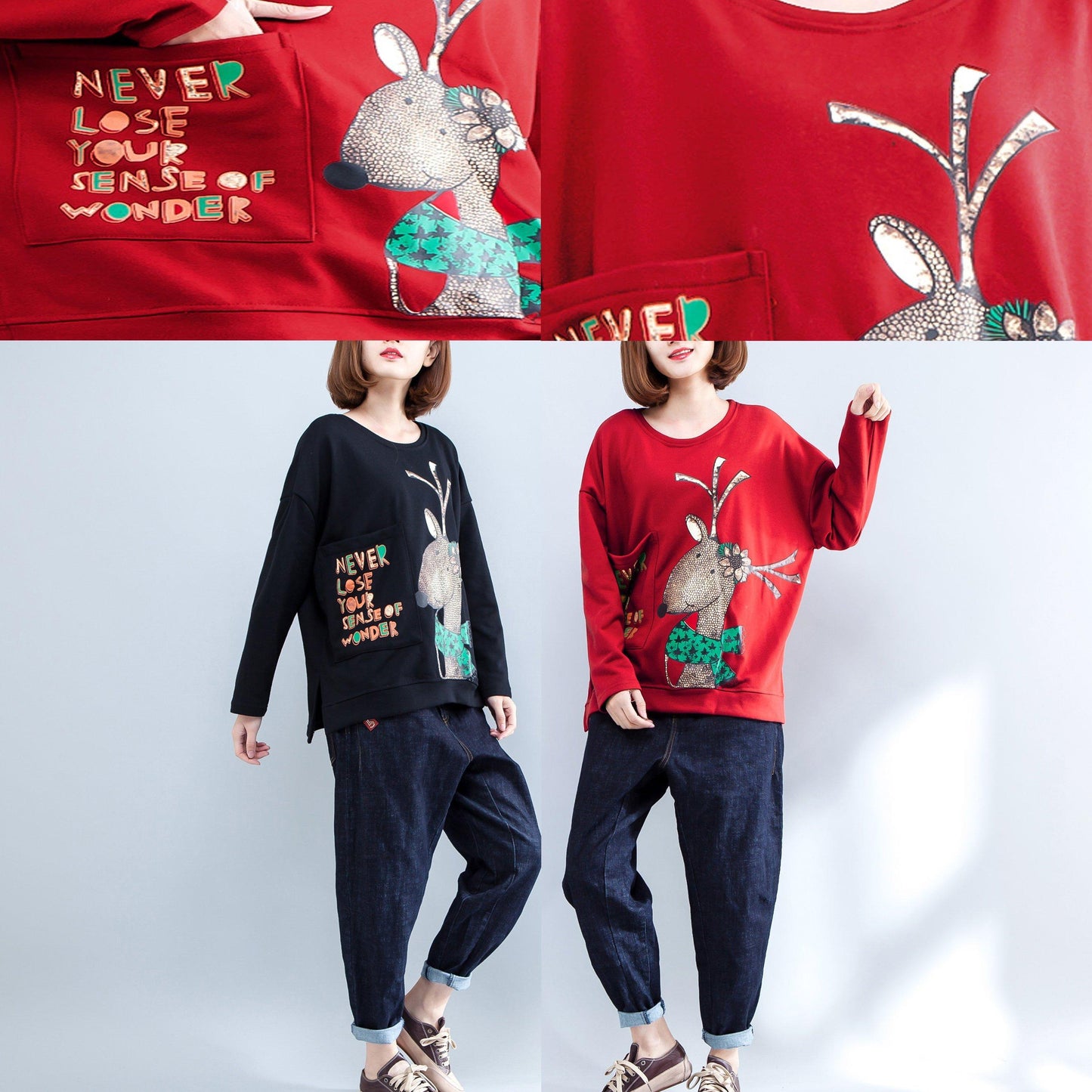 Lässiges T-Shirt mit roten Alphabet-Prints, lässiger Langarmpullover