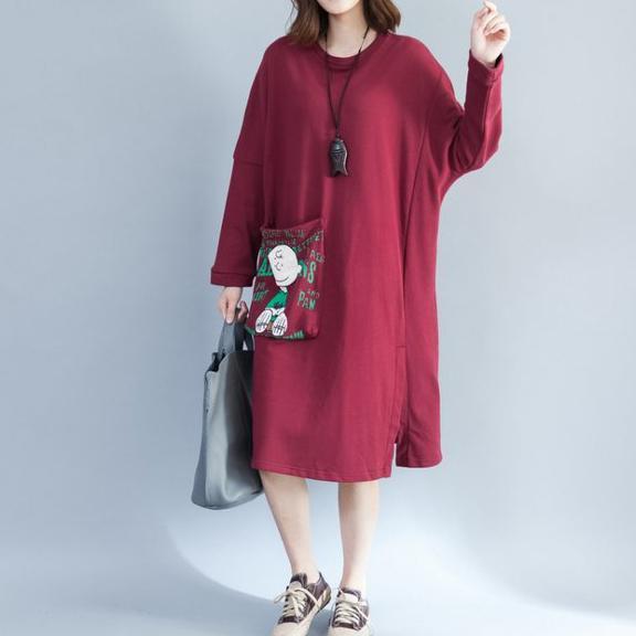 rote Mode Rückendrucke Baumwolle Freizeitkleider Plus Size große Taschen Drucke dickes Etuikleid