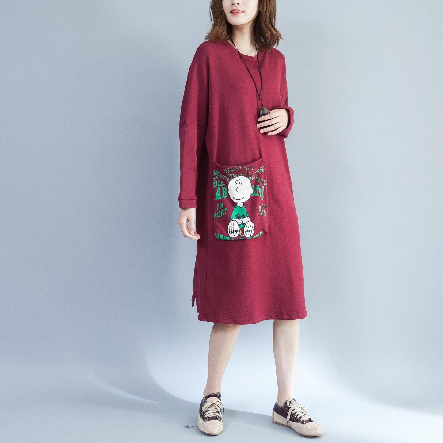 rote Mode Rückendrucke Baumwolle Freizeitkleider Plus Size große Taschen Drucke dickes Etuikleid