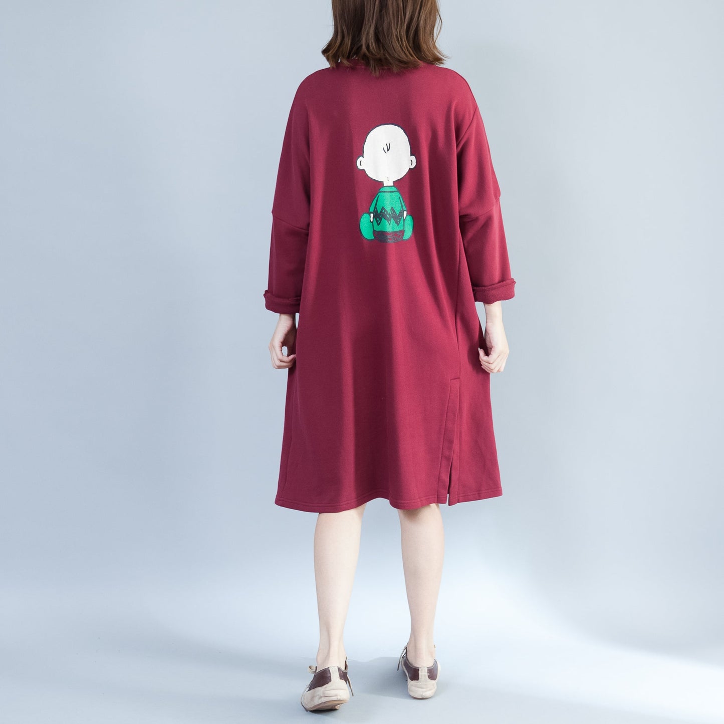 rote Mode Rückendrucke Baumwolle Freizeitkleider Plus Size große Taschen Drucke dickes Etuikleid