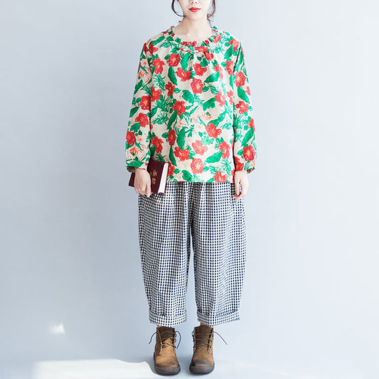 rot grün floral 2024 Leinen Tops Oversize Vintage Langarm T-Shirt
