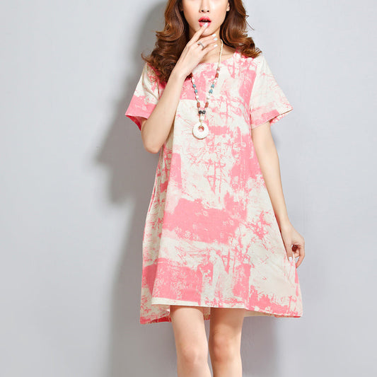 rote Leinenkleider lässiges Leinen-Baumwollkleid Vintage-Prints O-Ausschnitt Kurzarm-Baumwollkleid