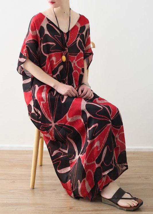 red prints chiffon v neck long tops and vintage casual pants two pieces - SooLinen