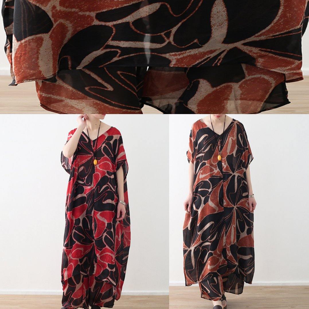 red prints chiffon v neck long tops and vintage casual pants two pieces - SooLinen