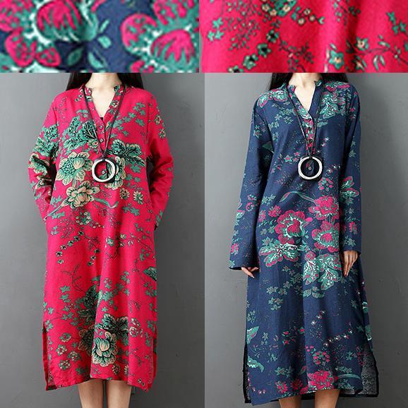 Leinenkleider mit roten Drucken, Übergrößen, seitlich offene Leinenkleidung, lässige Langarm-Leinenkaftane