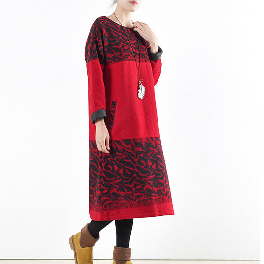 rote Vintage-Winterkleider 2024 Winter-Maxikleid mit Wolldruck, Pullover, Kaftane, lange Hemden