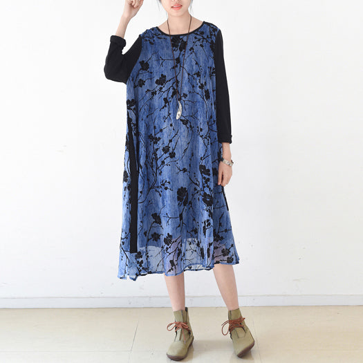 königsblaue Frühlingskleider, Chiffonkleid mit Pflaumenblumen-Print, lange Maxikleider, mehrlagig