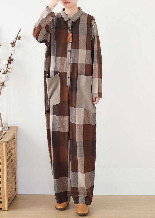 spring big pockets ming Harem cotton brown plus szie plaid jumpsuit - SooLinen