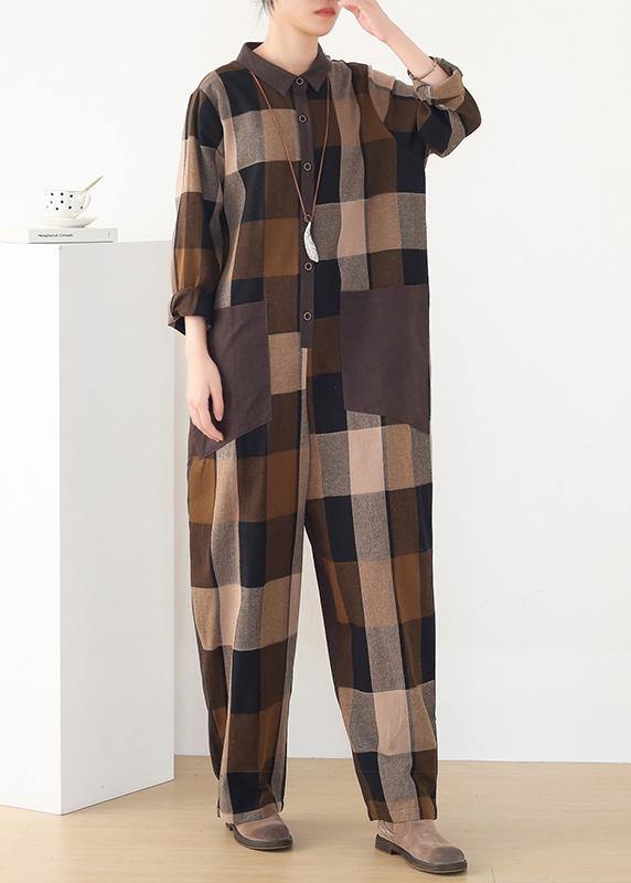 spring big pockets ming Harem cotton brown plus szie plaid jumpsuit - SooLinen
