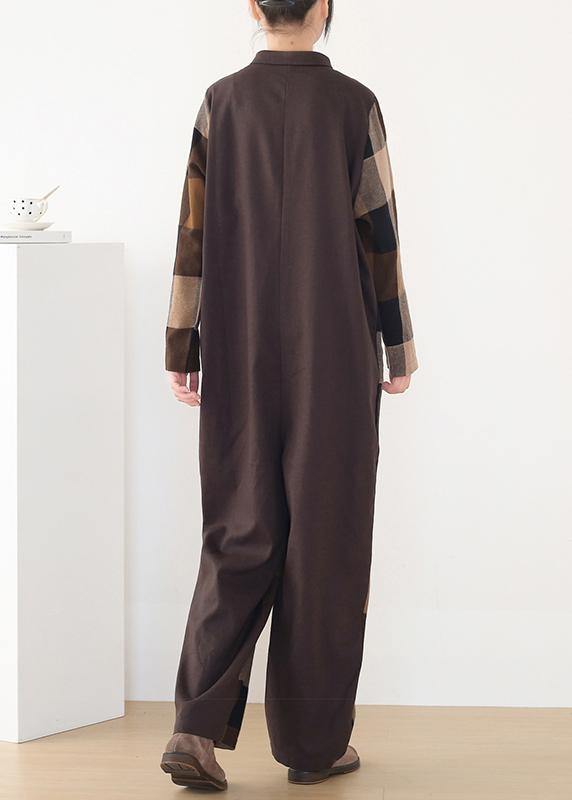 spring big pockets ming Harem cotton brown plus szie plaid jumpsuit - SooLinen