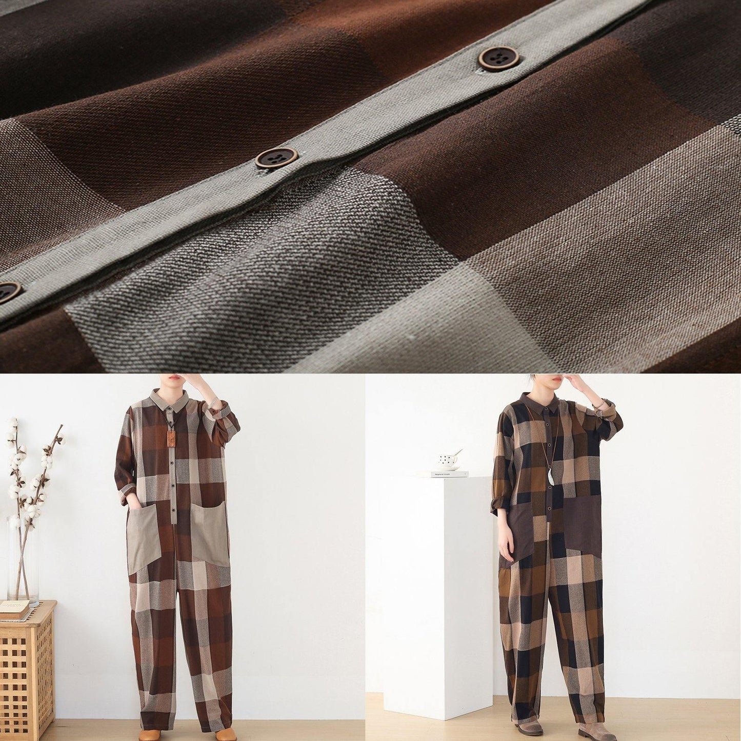 spring big pockets ming Harem cotton brown plus szie plaid jumpsuit - SooLinen