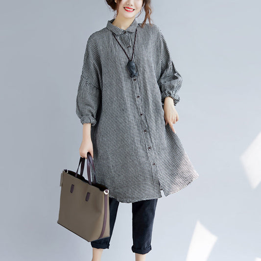 stylisches schwarzes kariertes, gemütliches Baumwoll-T-Shirt in Übergröße, Baumwollblusen mit Umlegekragen, feine Langarmoberteile