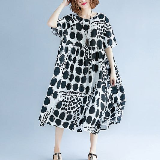 stylish black cotton linen maxi dress oversized short sleeve print baggy dresses cotton gown casual v neck traveling clothing