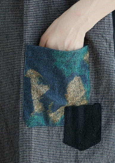 stilvolles schwarzes Kleid aus natürlichem Baumwollleinen Locker sitzende Kurzarmtaschen Urlaubskleider 2018 O-Ausschnitt Patchwork-Kleider aus Baumwollleinen