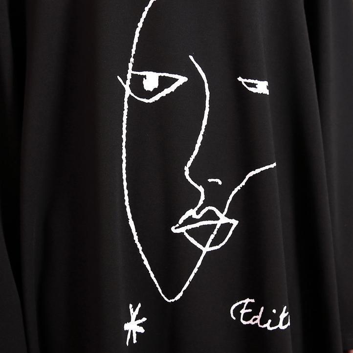 stylisches schwarzes, natürliches, übergroßes Leinen-Baumwollkleid mit Reißverschluss und weitem Bein 2018, Midikleid mit Rundhalsausschnitt