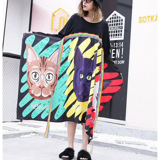 stylisches schwarzes Baumwollkleid mit Print Locker sitzendes Patchwork-Baumwollkleid aus Tüll lässiger Kaftan mit asymmetrischem Saum