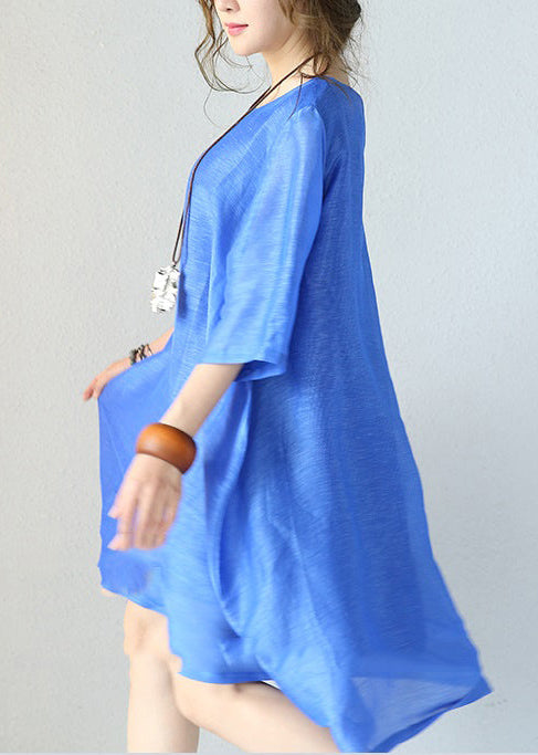 Stilvolles blaues Kleid aus Naturseide Locker sitzendes Seidenkleid 2018 O-Ausschnitt Halbarm Baumwollkleidung