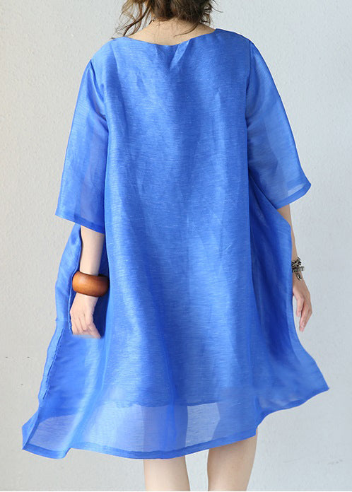 Stilvolles blaues Kleid aus Naturseide Locker sitzendes Seidenkleid 2018 O-Ausschnitt Halbarm Baumwollkleidung