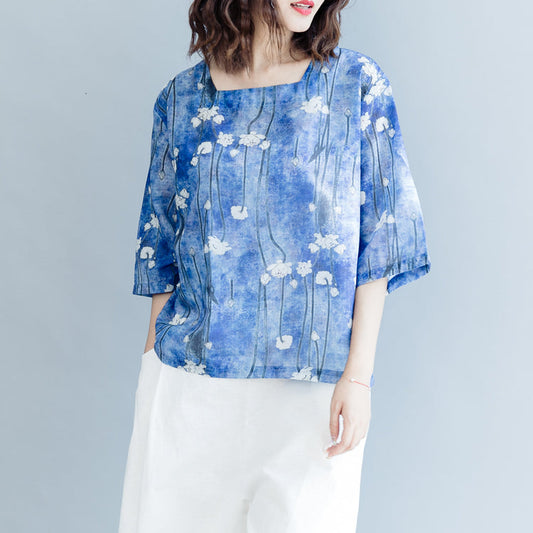 stylische Weste aus Baumwollleinen mit blauem Aufdruck Locker sitzende, lässige Damenoberteile aus Baumwollleinen mit halben Ärmeln und quadratischem Kragen