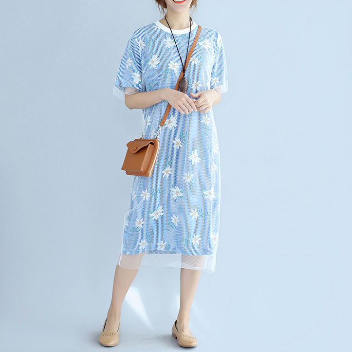 stilvolle blau gestreifte Baumwollkleider übergroßes Baumwollkleidungskleid 2018 Kurzarm-Baumwollkleid mit Prints
