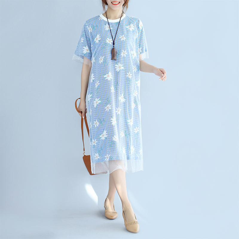 stilvolle blau gestreifte Baumwollkleider übergroßes Baumwollkleidungskleid 2018 Kurzarm-Baumwollkleid mit Prints