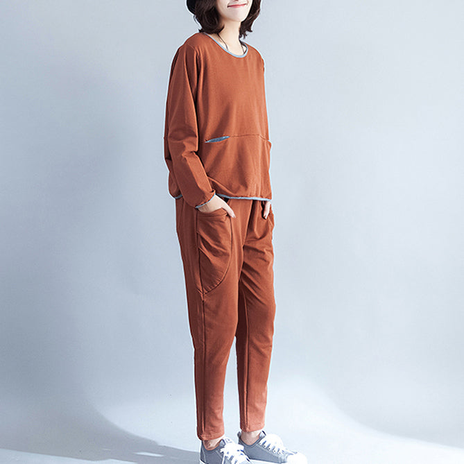 stylisches braunes Baumwollpullover-Oversize-Patchwork-T-Shirt
