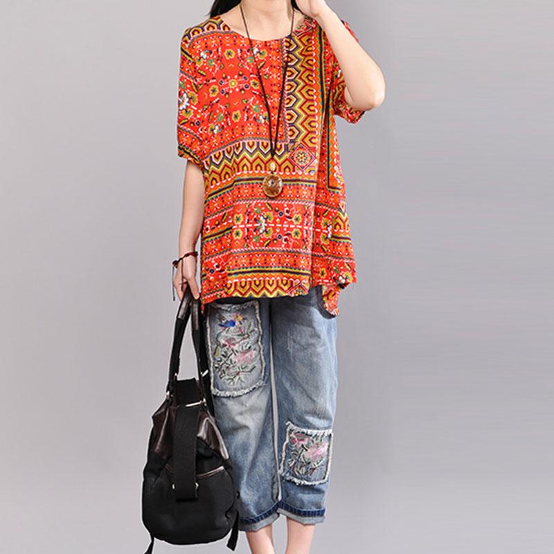 stylische Baumwollblusen Locker sitzende bedruckte Damen-Sommerpullover Lose Baumwolloberteile