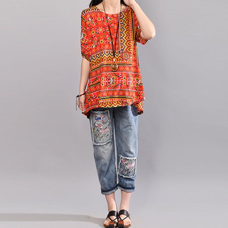 stylische Baumwollblusen Locker sitzende bedruckte Damen-Sommerpullover Lose Baumwolloberteile