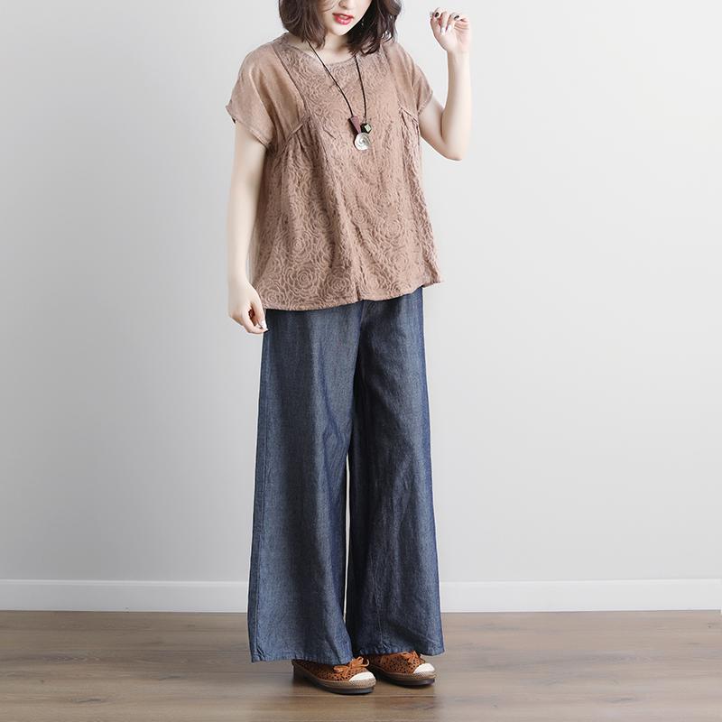 stylische Baumwollhemden in Übergröße Lässige Sommer-Kurzarm-Bluse in Beige mit U-Boot-Ausschnitt