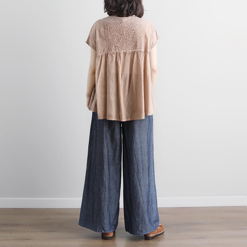 stylische Baumwollhemden in Übergröße Lässige Sommer-Kurzarm-Bluse in Beige mit U-Boot-Ausschnitt