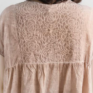stylische Baumwollhemden in Übergröße Lässige Sommer-Kurzarm-Bluse in Beige mit U-Boot-Ausschnitt
