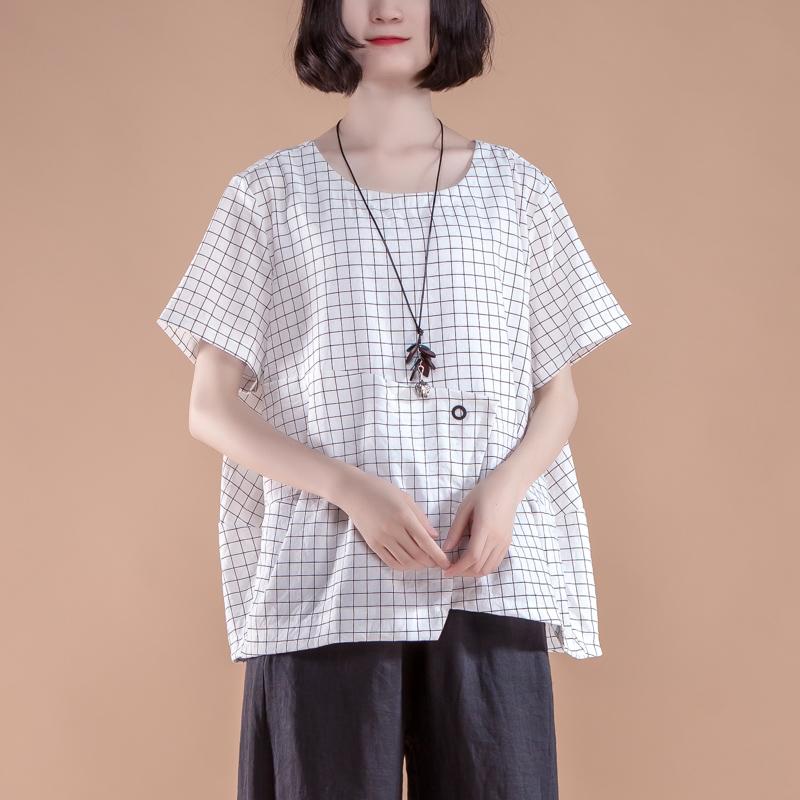 stylisches Sommertop aus Baumwolle in Übergröße, kurzärmelig, kariert, für den Sommer, lässig, weiß, Damen-Tops