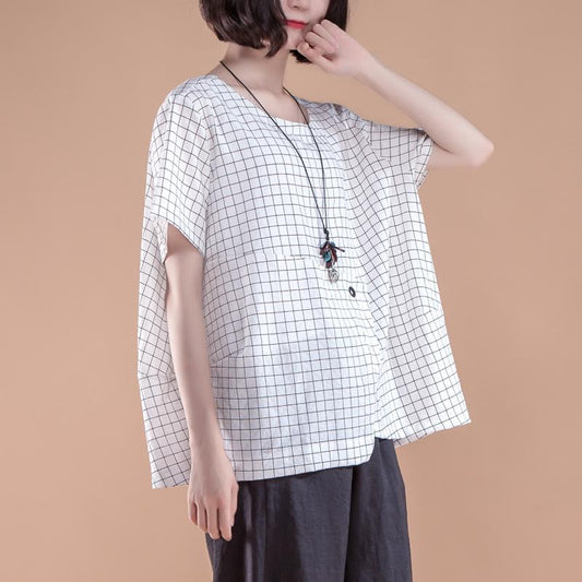 stylisches Sommertop aus Baumwolle in Übergröße, kurzärmelig, kariert, für den Sommer, lässig, weiß, Damen-Tops