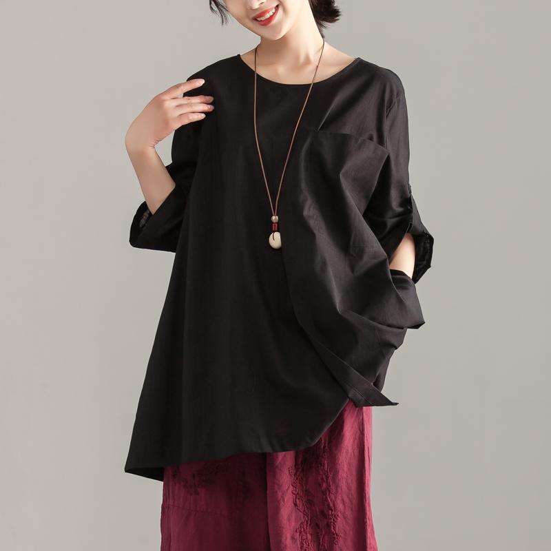 stylisches Sommertop aus Baumwolle Locker sitzendes, lässiges, kurzärmliges, schwarzes, langes Top mit Tasche