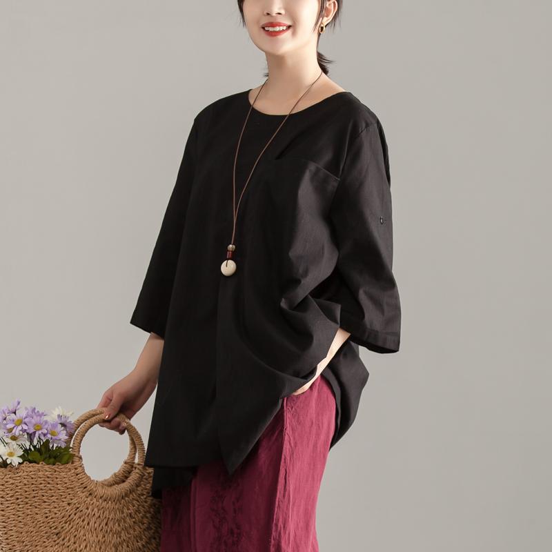 stylisches Sommertop aus Baumwolle Locker sitzendes, lässiges, kurzärmliges, schwarzes, langes Top mit Tasche