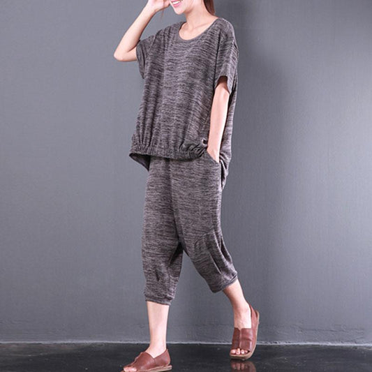 stylische Baumwolloberteile in Übergröße, kurzärmeliges, lässiges Strick-Zweiteiler-Set für Damen