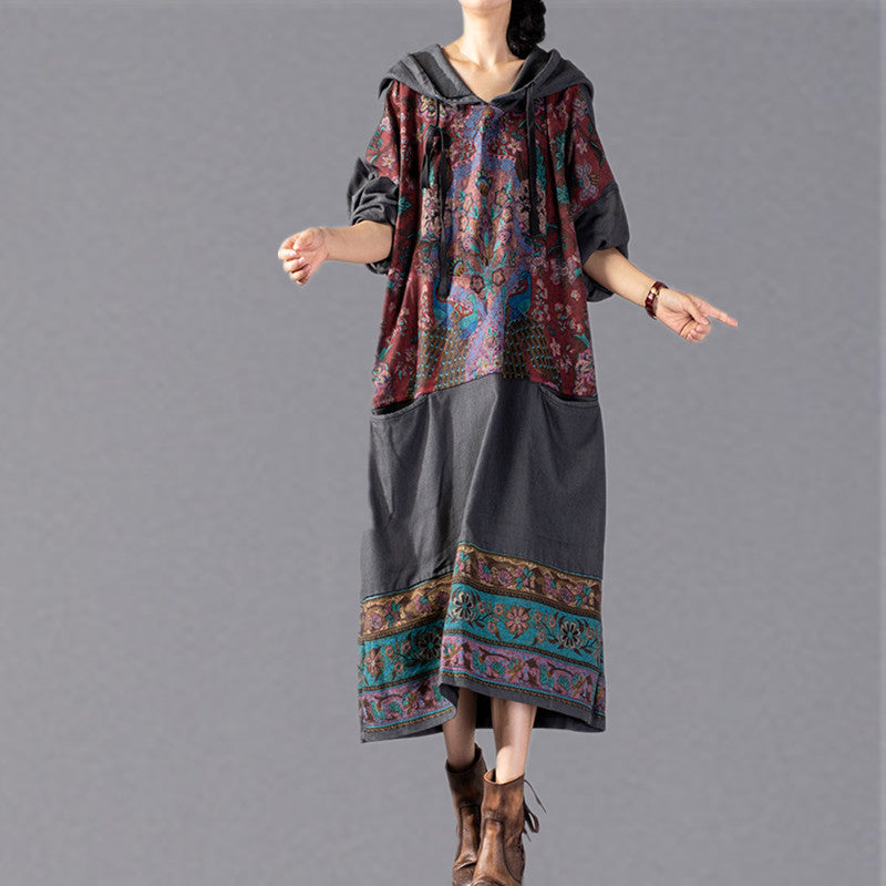stylisches graues Print-Maxikleid 2018 mit Oversize-Kapuze und Baggy-Stil, feine Patchwork-Baumwollkleider